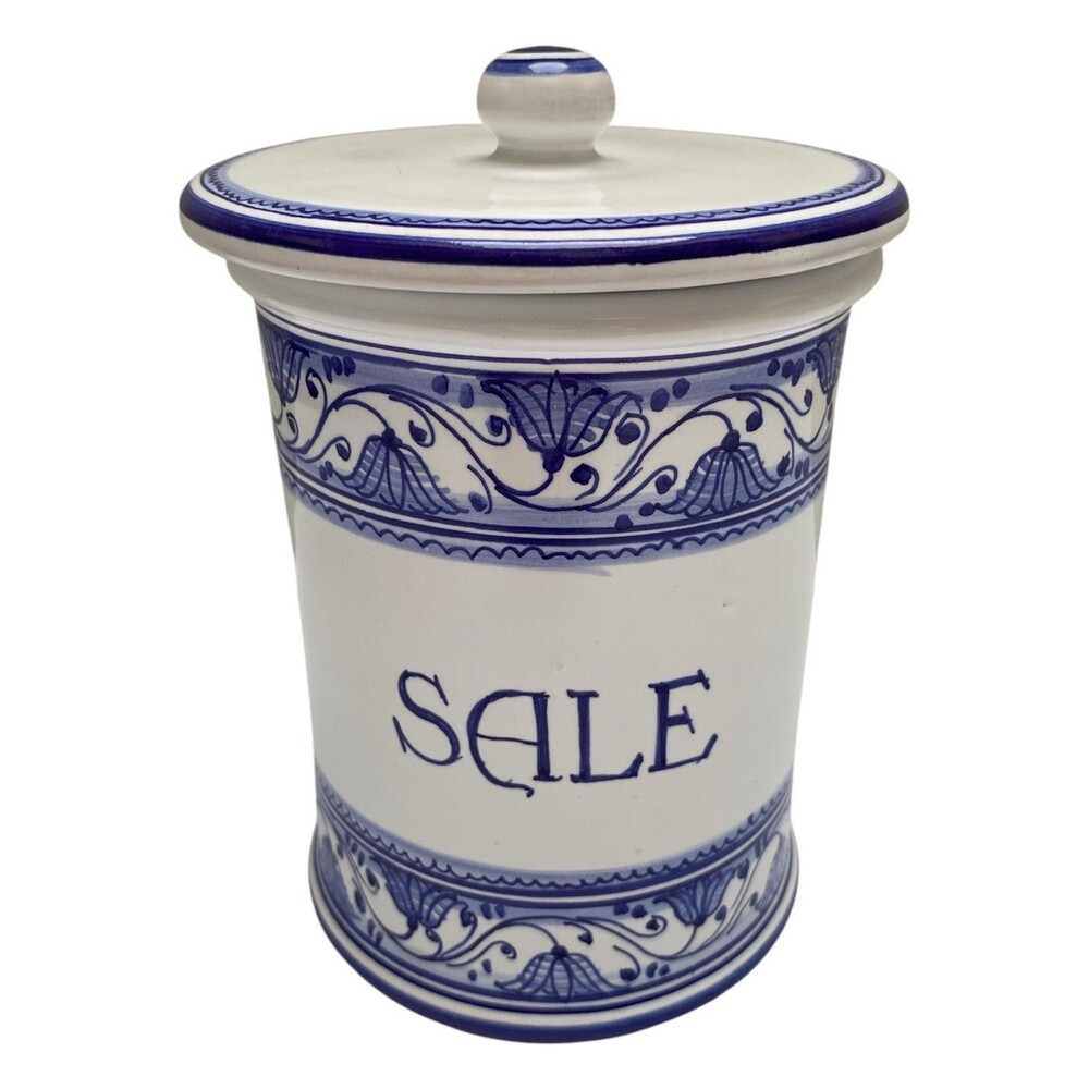 Italian Pottery Ceramic Salt Keeper Lidded Cannister Jar BLUE & WHITE Italy